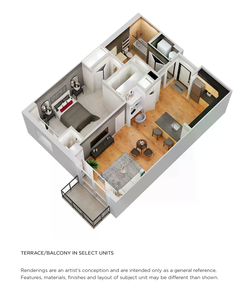 Floor plan for 1 bed, 1 bath, 696 sqft